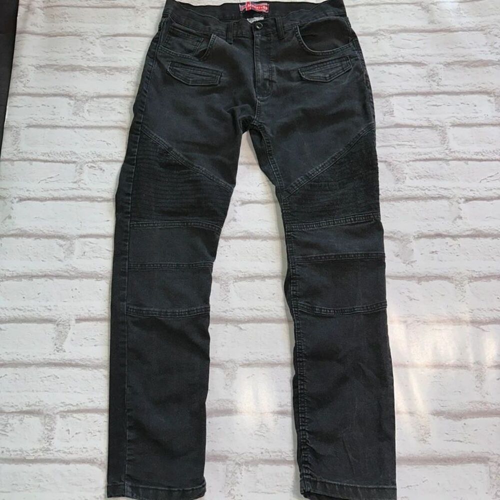 Monarchy Premium Denim Men’s 34 Biker Moto Jeans Faded Black Ribbed Knee Y2K